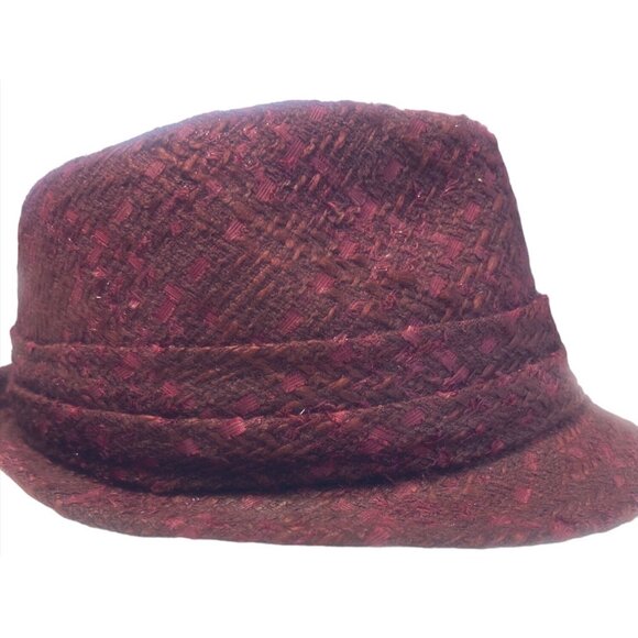 Tory Burch Burgundy & Red Glistening Tweed winter Fedora Hat Black Interior - Picture 2 of 6